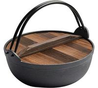 FKINGLRK Japanese Style Cast Iron Sukiyaki Hot Pot with Wooden Lid and Double Handle for Sukiyaki, Noodle, Ramen, Soup, Stews / 29cm