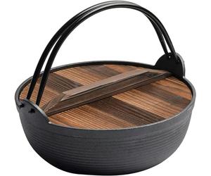 FKINGLRK Japanese Style Cast Iron Sukiyaki Hot Pot with Wooden Lid and Double Handle for Sukiyaki, Noodle, Ramen, Soup, Stews / 29cm