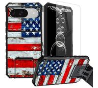 FKIUBWRY for Google Pixel 9 Case,for Pixel 9 Pro Case with Screen Protector & Kickstand & Slide Camera Lens Cover,Dual Layer Protection Built-in Stand Heavy Duty,Old American Flag Wood