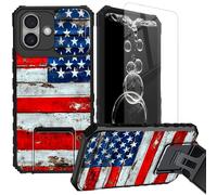 FKIUBWRY for iPhone 16 Plus Case,for iPhone 16Plus Case with Screen Protector & Kickstand & Slide Camera Lens Cover,Dual Layer Protection Built-in Stand Rugged Cute Cover,Old American Flag Wood