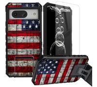 FKIUBWRY for Pixel 8 Case,for Google Pixel 8 Case with Screen Protector & Kickstand & Slide Camera Lens Cover,Dual Layer Protection Built-in Stand Heavy Duty Rugged Cute Cover,American Flag Wood