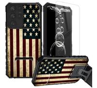 FKIUBWRY for Samsung Galaxy S23 Ultra Case with Screen Protector & Kickstand & Slide Camera Lens Cover,Dual Layer Protection Built-in Stand Heavy Duty Shockproof Protective,Retro American Flag