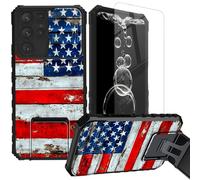 FKIUBWRY for Samsung Galaxy S24 Ultra Case with Screen Protector & Kickstand & Slide Camera Lens Cover,Dual Layer Protection Built-in Stand Heavy Duty Shockproof Protective,Old American Flag Wood