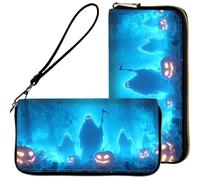 FKIUBWRY Wristlet Wallets for Women,Ladies Women's Wallet,Clutch Purses, Blue Spirit Pumpkin, 7.9" x 4.1" x 1"