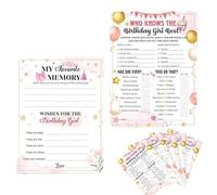 fKiZanthene 30 Pcs Birthday Party Game Cards for Girls Double-Sided 15 x 20 cm with Who Knows The Birthday Girl Best My Favorite Memory Wishes for the Birthday Girl Sleepover Parties