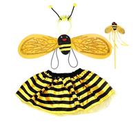 fKiZanthene 4 Pcs Kids Bumble Bee Fancy Dress Costume, Includes Headband, Wings, Skirt, Magic Wand, Ideal for Parties, Halloween, School Plays