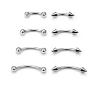 fKiZanthene 8pc Curved Barbell Piercing Set, Vertical Labret Lip Bars & Eyebrow Jewellery with Circular and Conical Shapes, 6/8/10/12mm Stainless Steel for Multiple Piercings