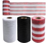 FKKFSS 3 Rolls 30ft Mesh Glitter Decorative Ribbon, Metallic Foil Decorative Webbing, Glitter Reel Ribbon, Party Bunting DIY Garland (White (Silver Thread), Black, Red and White Stripe)