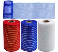 FKKFSS 3 Rolls 30ft Mesh Glitter Decorative Ribbon, Metallic Foil Decorative Webbing, Glitter Reel Ribbon, Party Bunting DIY Garland (White (Coloured Thread), Blue (Silver Thread), Red (Gold Thread))