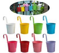 FKKFSS 8PCS Colourful Metal Hanging Flower Bucket with Removable Hooks丨Metal Wall Planter with Drainage Hole, Indoor and Outdoor Hanging Planter Wall Planter for School, Balcony Home Decoration