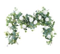 fkngcp 2Pcs Eucalyptus Garland with White Roses, Artificial Realistic Floral Garland 6ft Christmas Eucalyptus Decor for Xmas Table Wedding Backdrop Arch Doorway