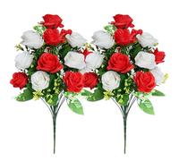 fkngcp Cemetery Flowers 2Pcs 20in Grave Flowers 18 Roses Artificial for Grave Realistic Memorial Red and White Decorations for Cemetery
