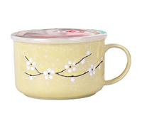 fkngcp Soup Bowls with Handles 800ml/28oz Sealing Heat-Resistant Microwave Soup Mug with Lid Floral Wintersweet Ceramic Travel Mug for Ramen, Noodle, Porridge