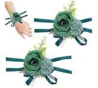 fkngcp Wrist Corsage 2Pcs 4x5 Corsage Wristlet Band Dark Green Silk for Women with Ribbon Exquisite for Prom, Wedding, Mother of Bride and Groom for Women