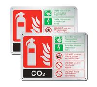 FKNSGR CO2 Fire Extinguisher Sign With Self Adhesive Backing 2 Pack | 25 x 18 cm Rust Free Aluminum Sign 4 Pre Drilled Holes UV Protected Weather Resistant Waterproof Easy to Install