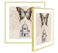 Fkvat 12x12 Picture Frame Gold Brushed Thin Metal Set of 2, Square Picture Frames for Wall Mounting or Tabletop, Aluminum Floating Photo Frame Fit 10x10 with Mat or 12 X 12 without Mat（2 Pack）