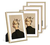 Fkvat 5x7 Picture Frame Set of 4, Matted Brass Simple Modern Brushed Thin Aluminum Metal Photo Frame Fits 3x5 and 4x6 with Mat or 5 x 7 without Mat . Vertical and Horizontal for Tabletop and Wall