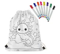 Fkwergsy Axolotl Color in Blank Pattern Drawstring Backpack with 8 Fabric Markers, DIY Coloring Drawstring Bag Crafts for Kids Ages 4-8