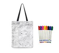 Fkwergsy Axolotl Tote Bag to Paint Arts and Crafts Color Your Own Cute Canvas Tote Bag Reusable Grocery Bags for Girls Kids, DIY Coloring with 8 Bright Markers