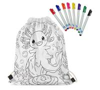 Fkwergsy Color Your Own Axolotl Drawstring Bags for Kids DIY Coloring Drawstring Backpack Arts and Crafts with 8 Fabric Markers