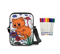 Fkwergsy Color Your Own Bag Doodle Cat Coloring Crossbody Bag for Girls with 8 Pcs Markers Pens Travel Coloring Kit for Kids DIY Crafts Art Paint Bags for Birthday Gift