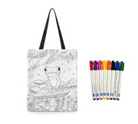 Fkwergsy Color Your Own Blank Pattern Tote Bag with 8 Fabric Markers DIY Crafts Cute Coloring Frog Tote Bag Small Canvas Shopping Bags Arts Supplies