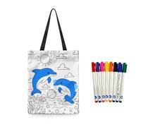Fkwergsy Color Your Own Dolphin Tote Bag Crafts for Boys Personalized Color in Blank Canvas Tote Bag Reusable Shopping Bags Cute Art Creation for School & Everyday Use