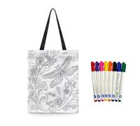 Fkwergsy Color Your Own Floral Tote Bag Canvas Blank Tote Bag Girls Dragonfly Coloring Reusable Shopping Bags Arts and Crafts for Girls Women