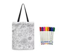 Fkwergsy Color Your Own Flower Tote Bag DIY Crafts Coloring Floral Canvas Tote Bag Small Shopping Bags Reusable Grocery Bags for Girls, Gift Idea for School Home