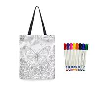 Fkwergsy DIY Coloring Canvas Tote Bag with Butterfly Patterns - Color Your Own Tote Bag Making Kit for Women Girls Floral Shopping Bags, DIY Painting Creation