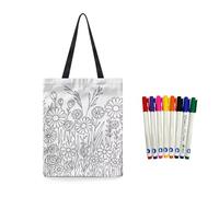 Fkwergsy DIY Craft Color Your Own Blank Canvas Tote Bag Floral Canvas Tote Bag Arts and Crafts for Women Girls, Coloring Craft Coloring Flower Shopping Bags for Daily Use