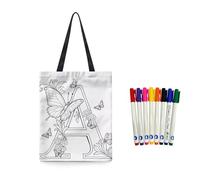 Fkwergsy Letter A Print Tote Bag with 8 Fabric Markers DIY Coloring Small Canvas Tote Bags for Women Girls Grocery Bags Arts and Crafts