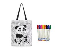 Fkwergsy Personalized Tote Bag Cute DIY Crafts for Boys Kids Color Your Own Canvas Tote Bag Panda Shopping Bags with 8 Bright Markers, Painting Gifts for Party Home