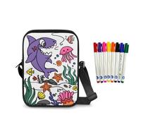 Fkwergsy Shark Coloring Crossbody Bag for Kids Boys Color Your Own Bag with 8 Pcs Markers Pens, Back to School Gifts for Kids, Coloring Kit Paint Messenger Purse Crafts for Girls 6-8 8-12