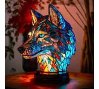 FkYstrix Animal Table Lamp Series Stained Resin Ornaments Night Light with USB Bohemian Furniture Decor Christmas Sculpture Desk Lamp Gift, Wolf