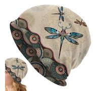 Flabby Beanie for Women, Dragonfly Print, Retro Beanie Women, Unisex Knitted Headgear for Adults, Hiking, Travel, Outdoor Activities, Commuting, Beach Holidays, a, L