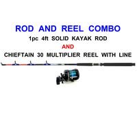 FLADEN 4ft SOLID KAYAK ROD+CHIEFTAIN 30 MULTIPLIER REEL+LINE BOAT SEA FISHING
