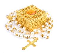 FLAFARY Rosary Beads Catholic for Men and Women, Pack in Holy Cup Metal Gift Box, First Communion Rosary for Girls and Boys, Necklace Gift (Gold)