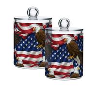 Flag American Eagle White Cotton Swab Holder Jars for Bathroom Counter | Cotton Round Holder for Small Shelf, with Lightweight PS Plastic and Keeps Contents Visible; Pack Of 2