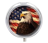 Flag and Eagle Pill Box Travel Pill Case for Purse Pocket Weekly Medicine Organizer with Mirror 3 Compartment Round Medicine Case Portable PillcaseHolder for Daily