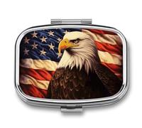 Flag and Eagle Pill Box Travel Pill Organizer 2-Compartment with Mirror Design Portable Square Medicine Case for Vitamins, Jewelry & Essentials Durable Pocket Pillcase for Purse, Camping