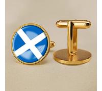 Flag Cufflinks,Azure Blue Interlaced Lines Scotland Flag Art Men Casual Fabric Inlay Round Shirt Cuff-Link Business Wedding Party Jewelery Gift Anniversary Birthday,Gold,19Mm