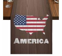 Flag Day Table Runner, Vintage Red Stripes Blue Stars American Map Brown Wood Grain Cotton and Table Linen Runner for Kitchen Dining Home Decor for Party Festival Holiday Decoration Gift 13x120in