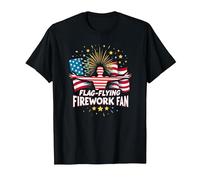 Flag Flying Fireworks Fan T-Shirt, Men, Black, 6XL