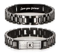 Flag Initial Bracelet for Men Bracelet with Engraved Flag & “Love You Forever” Message - Adjustable Stainless Steel A-Z Letter Bracelet Gift Boxed - Stylish Pulseras Para Hombres, Initial Bracelet for