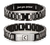 Flag Initial Bracelet for Men Bracelet with Engraved Flag & “Love You Forever” Message - Adjustable Stainless Steel A-Z Letter Bracelet Gift Boxed - Stylish Pulseras Para Hombres, Initial Bracelet for