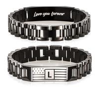 Flag Initial Bracelet for Men Bracelet with Engraved Flag & “Love You Forever” Message - Adjustable Stainless Steel A-Z Letter Bracelet Gift Boxed - Stylish Pulseras Para Hombres, Initial Bracelet for