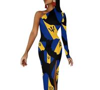 Flag Map of Barbados Women's Casual Dresses One Shoulder Split Maxi Dress Party Evening Gowns S