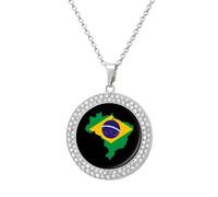 Flag Map of Brazil Round Pendant Necklace Diamond Edging Brilliant Personalized Jewelry Gifts for Women Silver-style