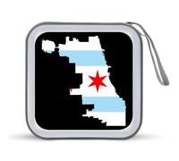 Flag Map of Chicago1 CD Holder Case 40 Capacity Plastic DVD Wallet Zippered Storage Sleeves Hard Box